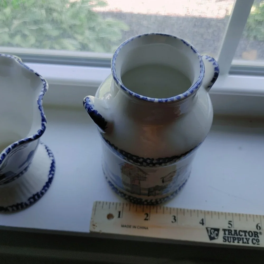 Cottage Vtg Style Ceramic Birdhouse Milk Jug and Ruffled Pedestal Vase Decor Set